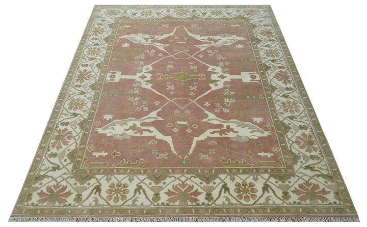 Peach, Ivory and Olive Hand knotted 9x12 Oriental Oushak Traditional Wool Area Rug, Kids, Living Room and Bedroom Rug - The Rug Decor