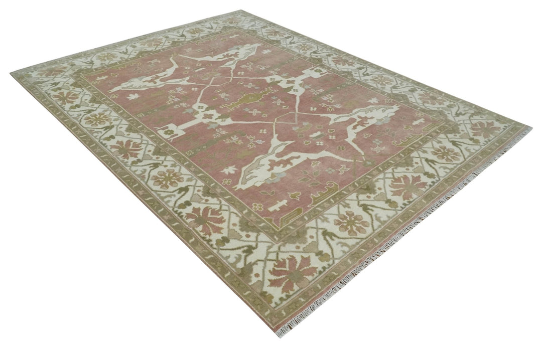 Peach, Ivory and Olive Hand knotted 9x12 Oriental Oushak Traditional Wool Area Rug, Kids, Living Room and Bedroom Rug - The Rug Decor