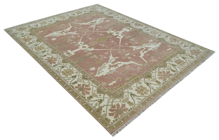 Peach, Ivory and Olive Hand knotted 9x12 Oriental Oushak Traditional Wool Area Rug, Kids, Living Room and Bedroom Rug - The Rug Decor