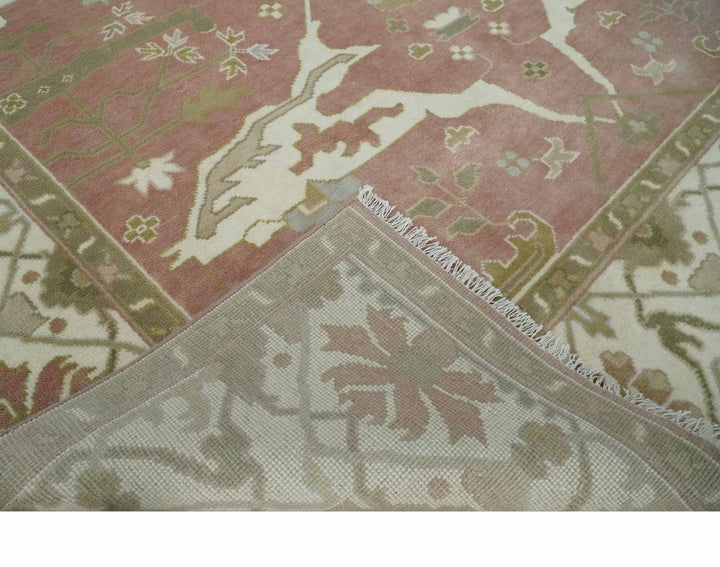 Peach, Ivory and Olive Hand knotted 9x12 Oriental Oushak Traditional Wool Area Rug, Kids, Living Room and Bedroom Rug - The Rug Decor