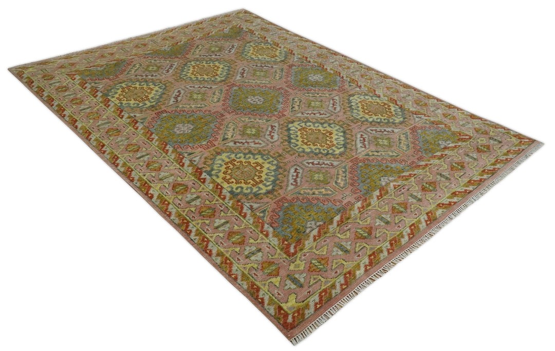Peach, Mustard, Brown and Gray Oriental Hand Knotted 8x10 and 9x12 Wool Area Rug - The Rug Decor
