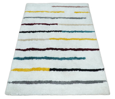 Plush and Thick Hand Woven Shag White with multicolor Stripes Soft Area Rug | SHAG2 - The Rug Decor