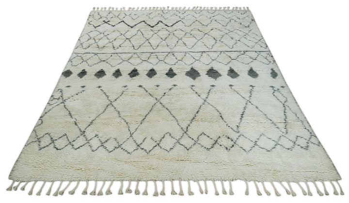 Plush Thick Beni Ourain 8x10.5 Ivory and Charcoal Geometrical design Moroccan Rug Made with fine Wool - The Rug Decor