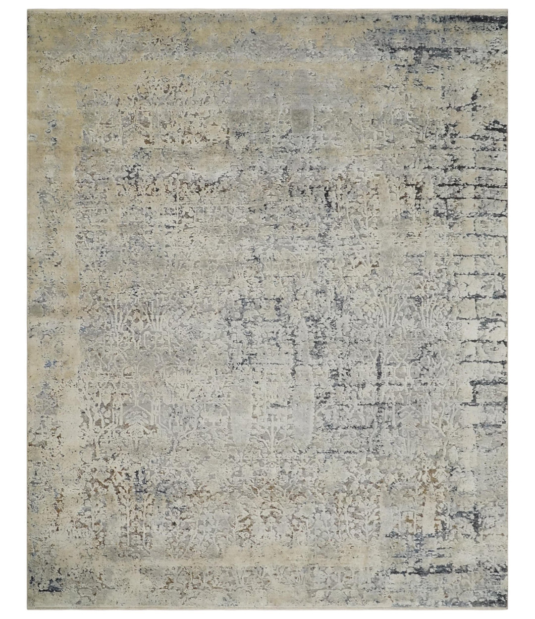 Premium Fine 8x10 Silver, Beige and Charcoal Traditional Floral High Low texture Hand Knotted Wool and Art Silk Rug - The Rug Decor