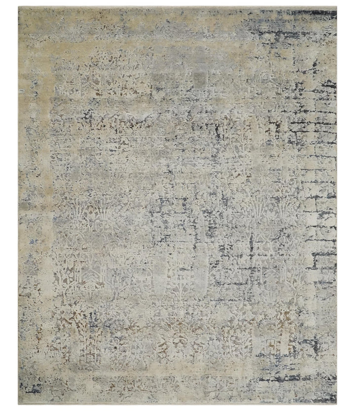Premium Fine 8x10 Silver, Beige and Charcoal Traditional Floral High Low texture Hand Knotted Wool and Art Silk Rug - The Rug Decor