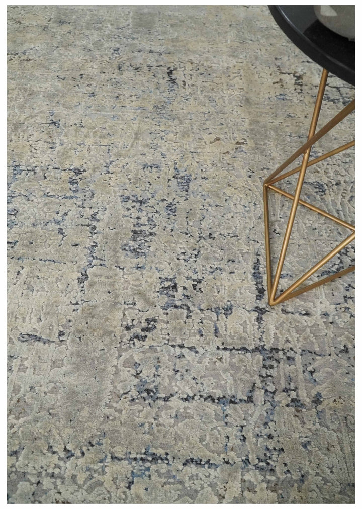 Premium Fine 8x10 Silver, Beige and Charcoal Traditional Floral High Low texture Hand Knotted Wool and Art Silk Rug - The Rug Decor