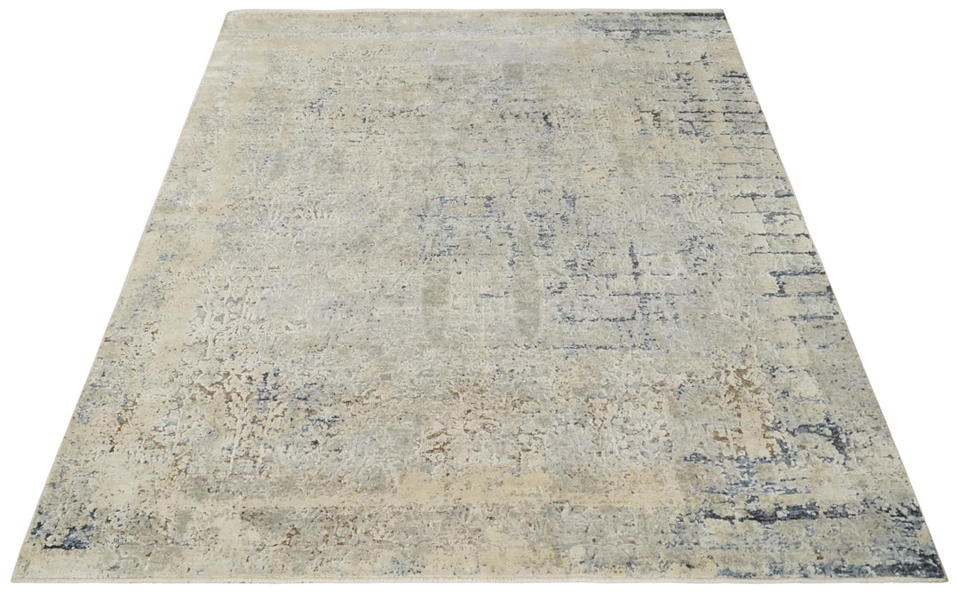 Premium Fine 8x10 Silver, Beige and Charcoal Traditional Floral High Low texture Hand Knotted Wool and Art Silk Rug - The Rug Decor