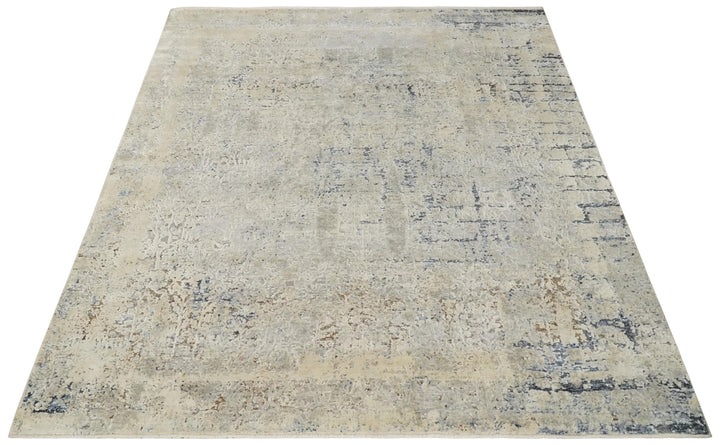 Premium Fine 8x10 Silver, Beige and Charcoal Traditional Floral High Low texture Hand Knotted Wool and Art Silk Rug - The Rug Decor