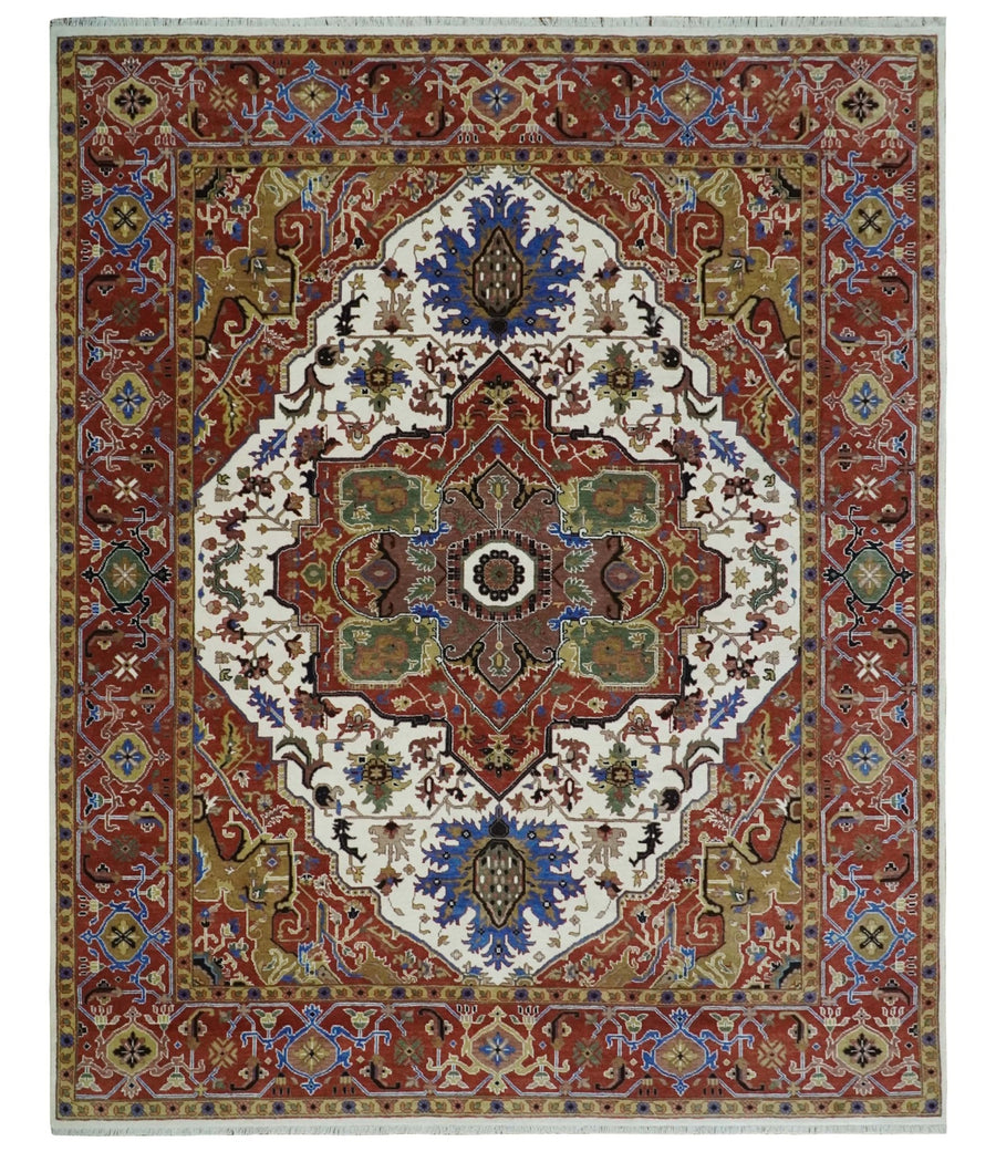 Premium Fine Knots Rust, Ivory and Olive 8x10 Hand knotted Traditional Wool Area Rug - The Rug Decor