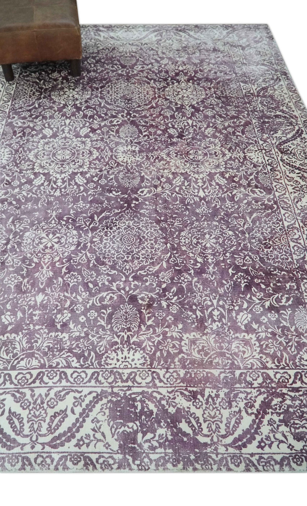 Premium Floral Medallion Purple and Ivory 5.6x7.9 Viscose Area Rug - The Rug Decor