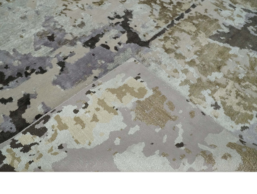 Premium Hand knotted Camel, Silver, Olive and Charcoal modern Abstract wool and Silk Blended 8x10 Area Rug - The Rug Decor