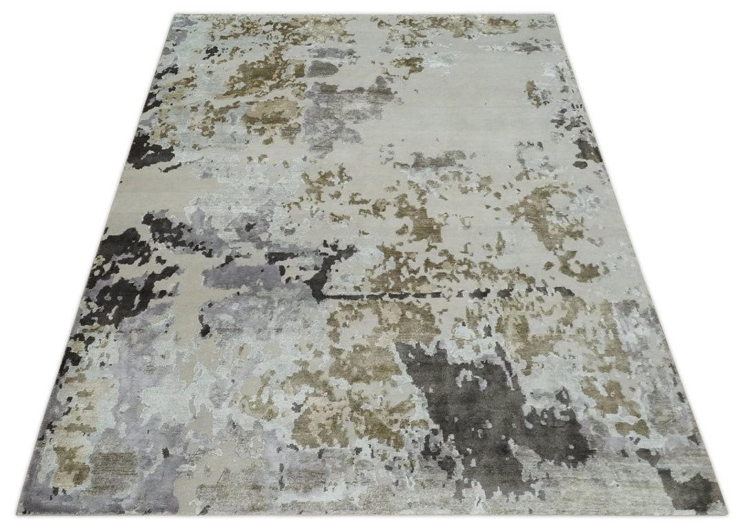 Premium Hand knotted Camel, Silver, Olive and Charcoal modern Abstract wool and Silk Blended 8x10 Area Rug - The Rug Decor