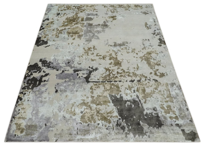 Premium Hand knotted Camel, Silver, Olive and Charcoal modern Abstract wool and Silk Blended 8x10 Area Rug - The Rug Decor