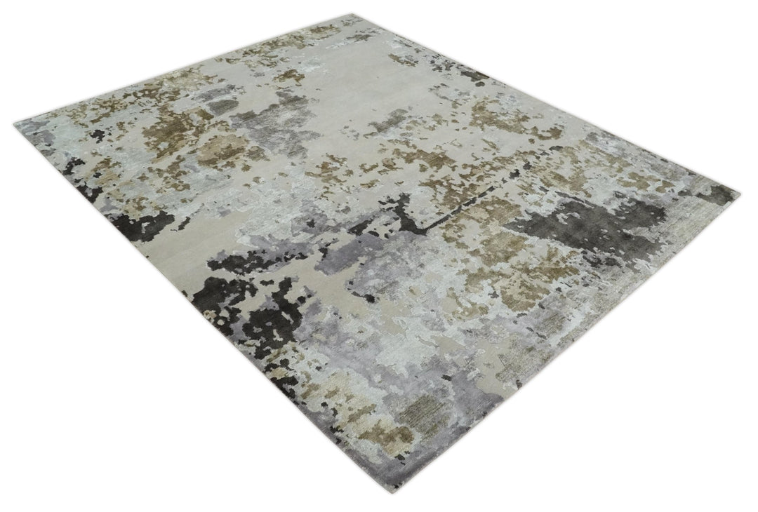 Premium Hand knotted Camel, Silver, Olive and Charcoal modern Abstract wool and Silk Blended 8x10 Area Rug - The Rug Decor