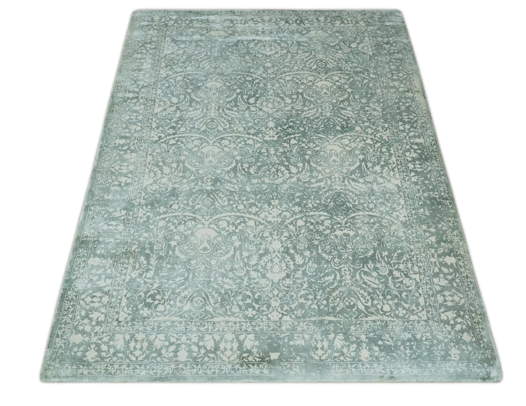 Premium look Floral Ivory and Green 5.6x8 Handloom Viscose Area Rug - The Rug Decor