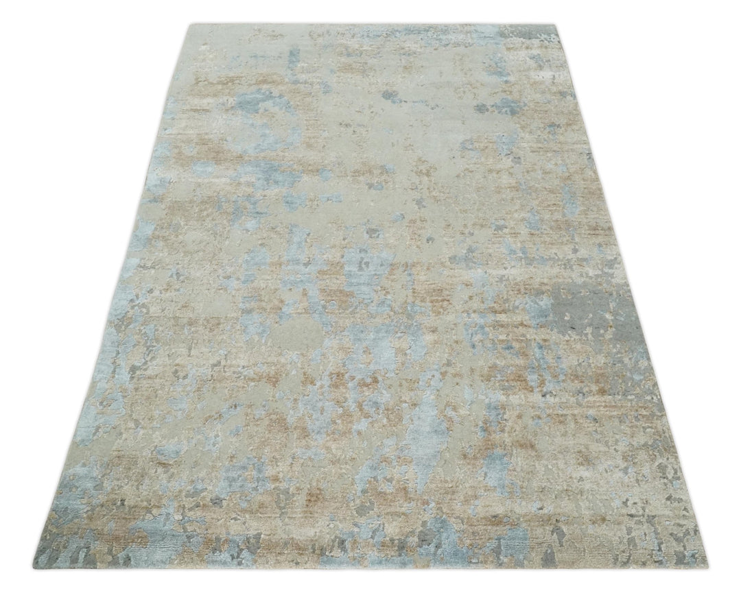 Premium look Hand knotted Silver and Blue modern Abstract wool and Silk Blended 7.10x9.6 Area Rug - The Rug Decor