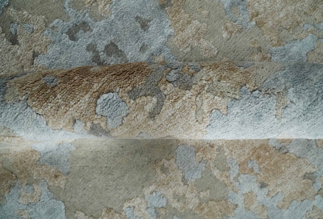 Premium look Hand knotted Silver and Blue modern Abstract wool and Silk Blended 7.10x9.6 Area Rug - The Rug Decor