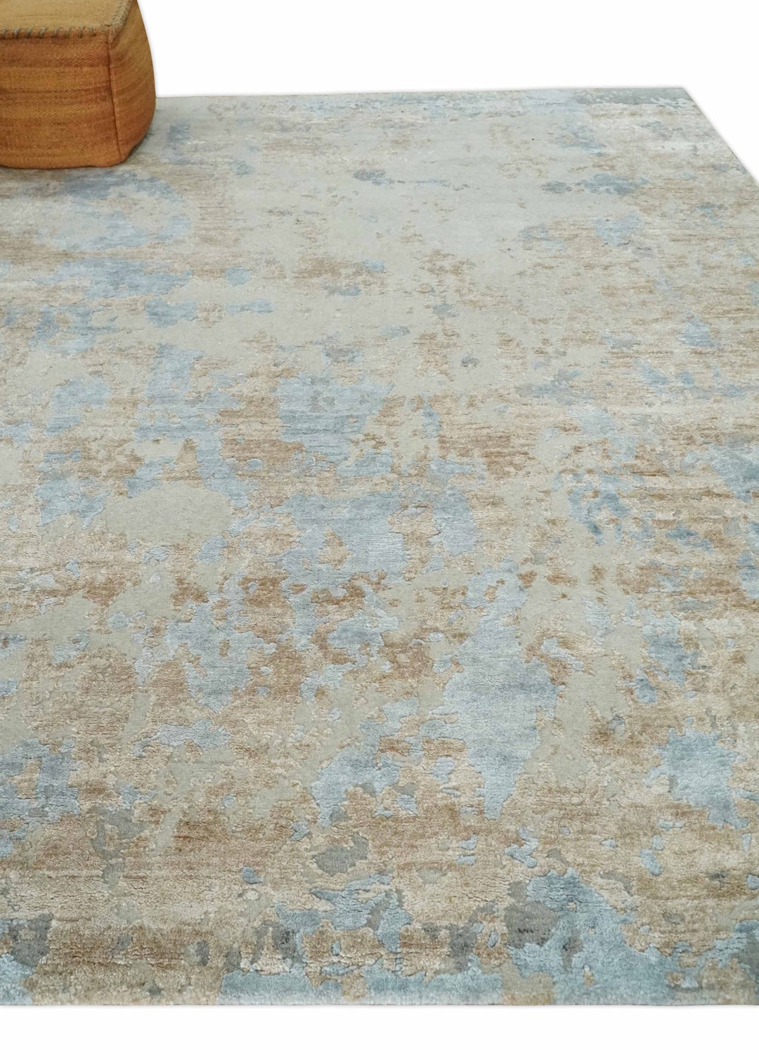 Premium look Hand knotted Silver and Blue modern Abstract wool and Silk Blended 7.10x9.6 Area Rug - The Rug Decor