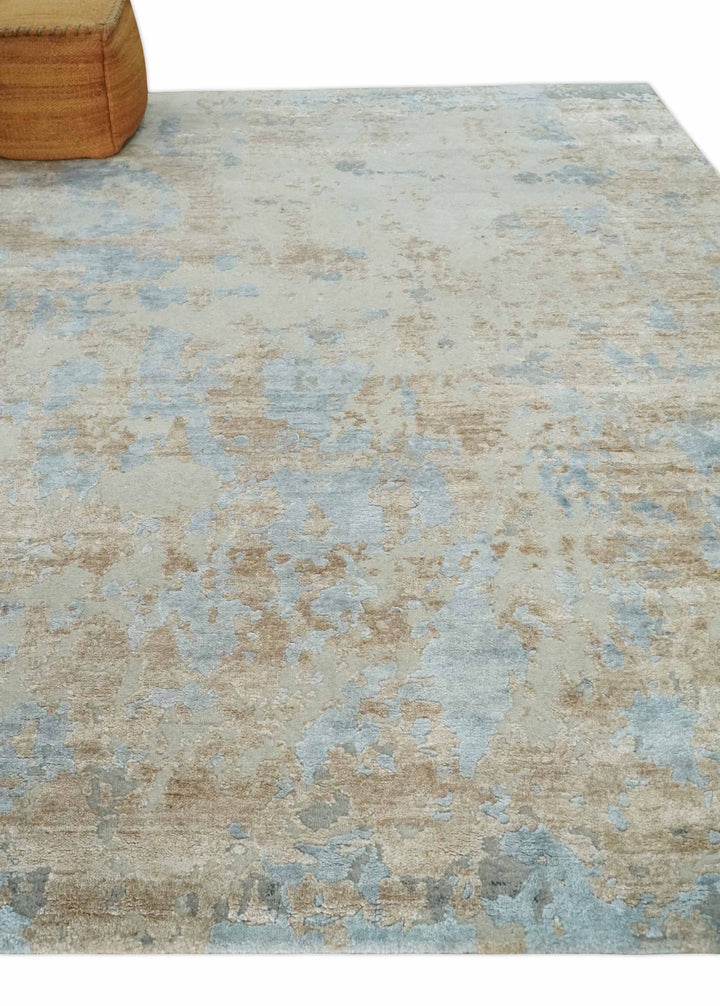 Premium look Hand knotted Silver and Blue modern Abstract wool and Silk Blended 7.10x9.6 Area Rug - The Rug Decor