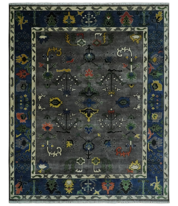 Premium look Vibrant Colorful Charcoal, Blue and Ivory Hand knotted Traditional Floral 8x10 wool Area Rug - The Rug Decor
