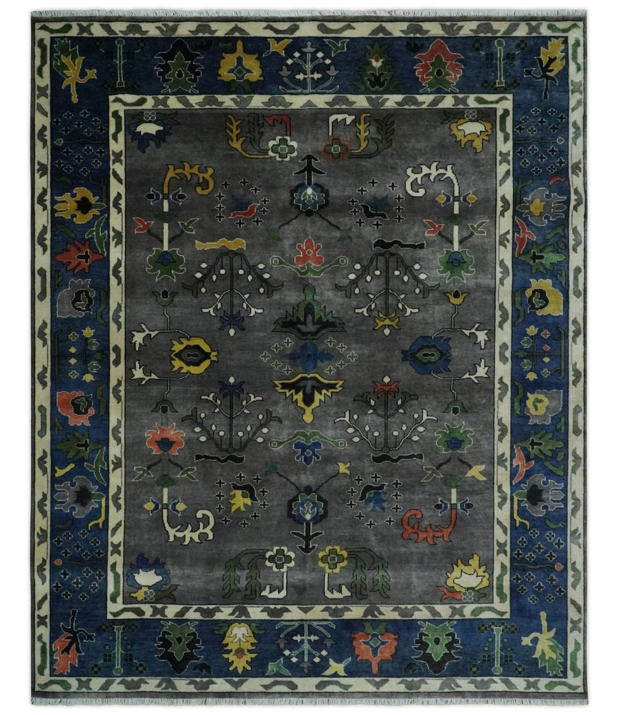 Premium look Vibrant Colorful Charcoal, Blue and Ivory Hand knotted Traditional Floral 8x10 wool Area Rug - The Rug Decor
