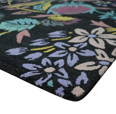 Premium one of a kind 5x8 Black with Multicolor Floral Pattern Hand Tufted Wool Area Rug - The Rug Decor