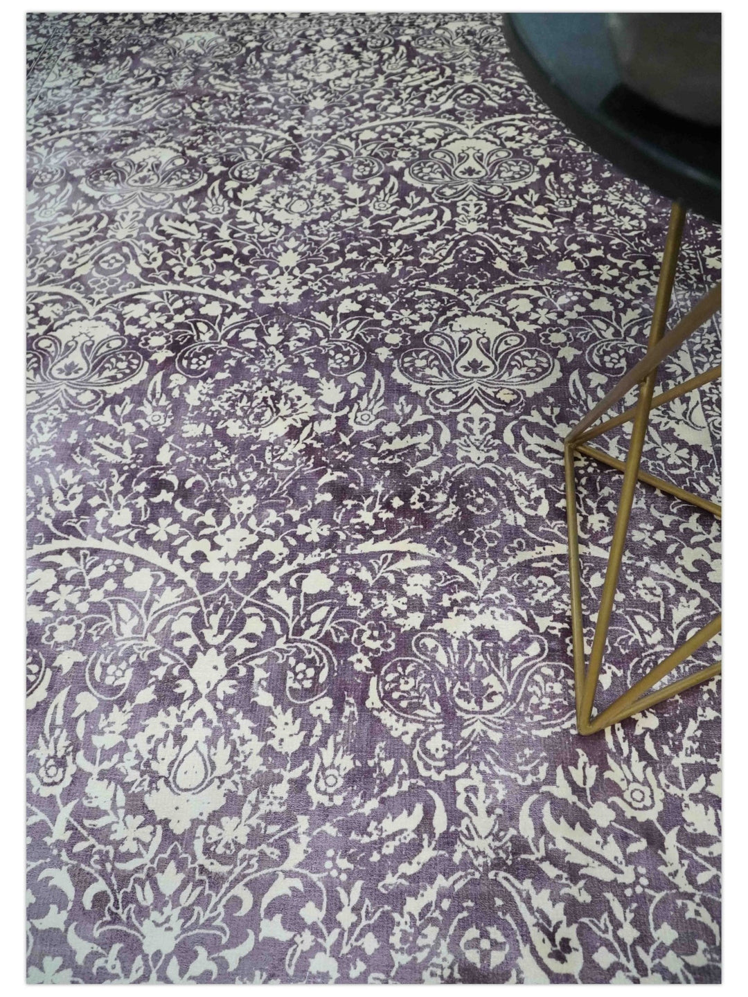 Premium Style Floral Ivory and Dark Purple 5.6x8 Handloom Wool and Viscose Area Rug - The Rug Decor