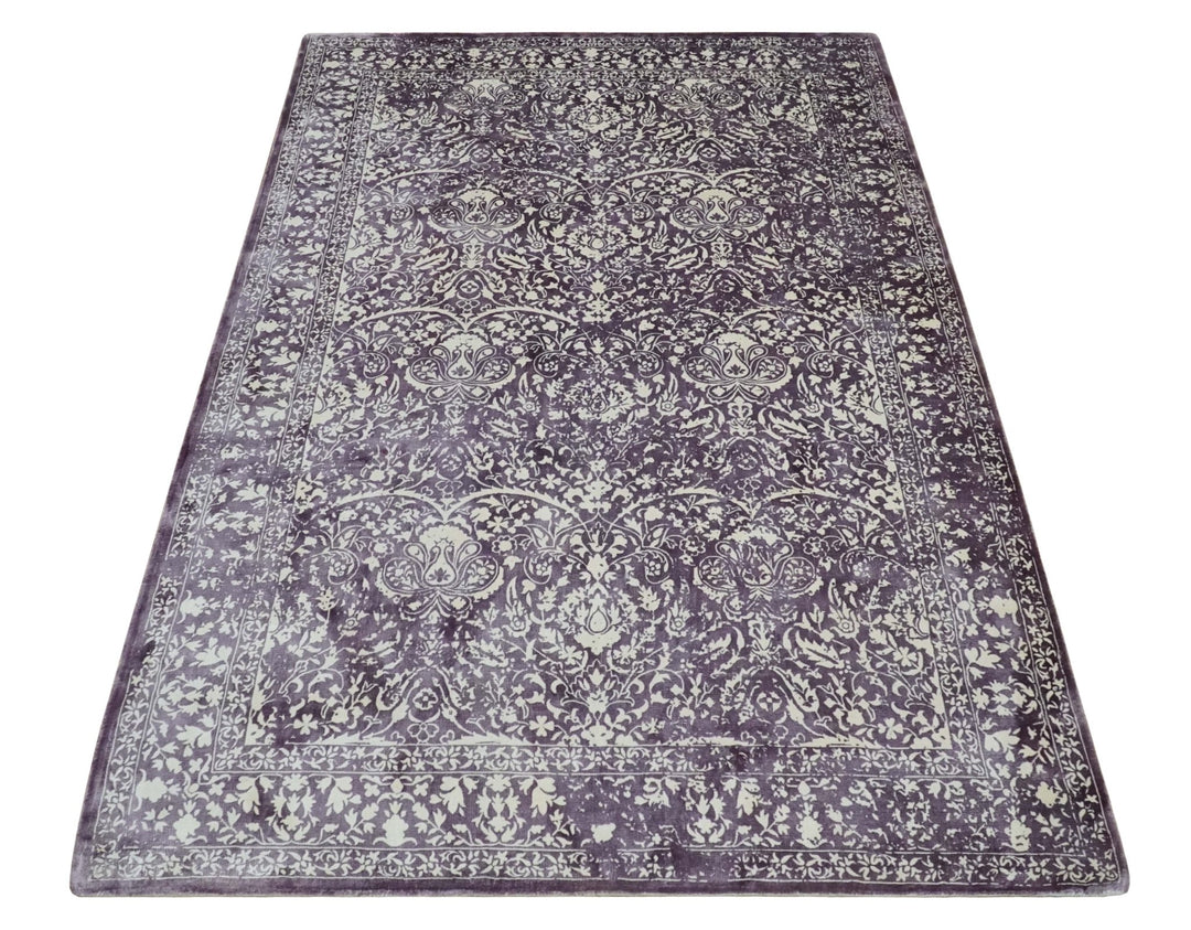 Premium Style Floral Ivory and Dark Purple 5.6x8 Handloom Wool and Viscose Area Rug - The Rug Decor
