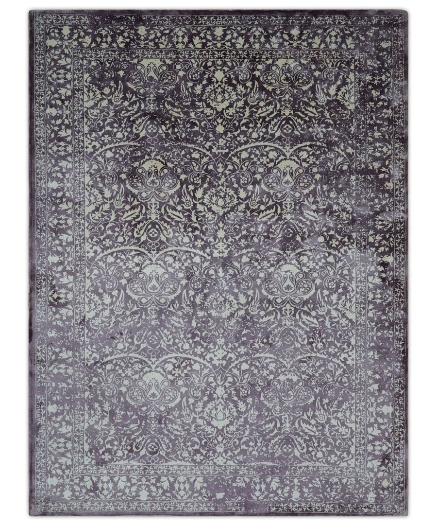 Premium Style Floral Ivory and Dark Purple 5.6x8 Handloom Wool and Viscose Area Rug - The Rug Decor