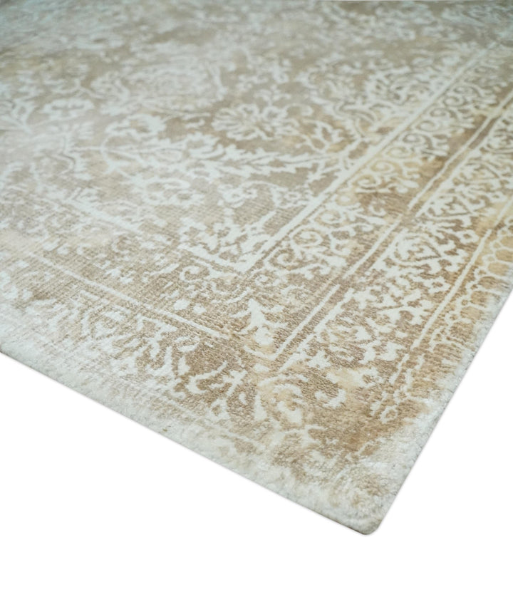 Premium Style Floral Traditional Ikat Large Design Camel and Ivory 5.6x7.9 Hand loom Viscose Area Rug - The Rug Decor