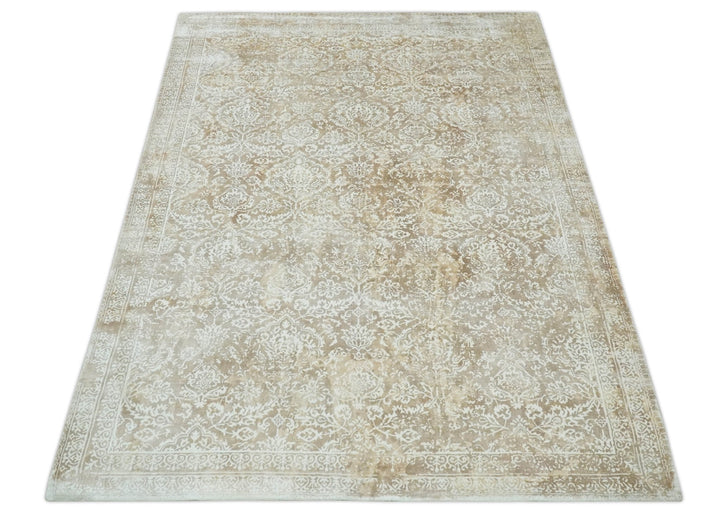 Premium Style Floral Traditional Ikat Large Design Camel and Ivory 5.6x7.9 Hand loom Viscose Area Rug - The Rug Decor