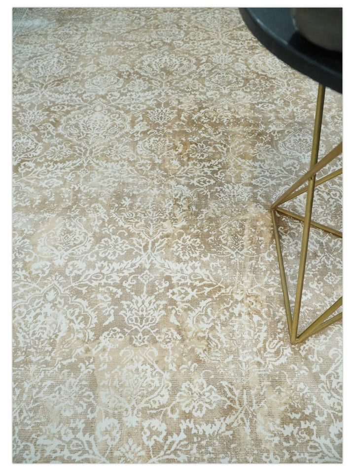 Premium Style Floral Traditional Ikat Large Design Camel and Ivory 5.6x7.9 Hand loom Viscose Area Rug - The Rug Decor