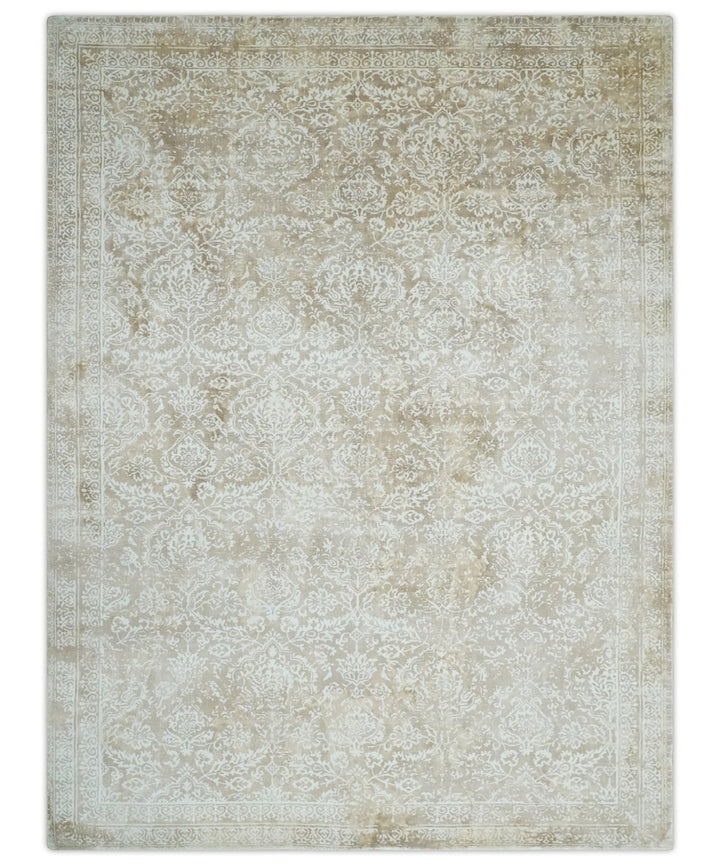 Premium Style Floral Traditional Ikat Large Design Camel and Ivory 5.6x7.9 Hand loom Viscose Area Rug - The Rug Decor