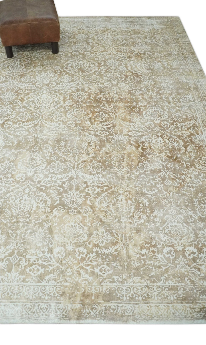 Premium Style Floral Traditional Ikat Large Design Camel and Ivory 5.6x7.9 Hand loom Viscose Area Rug - The Rug Decor