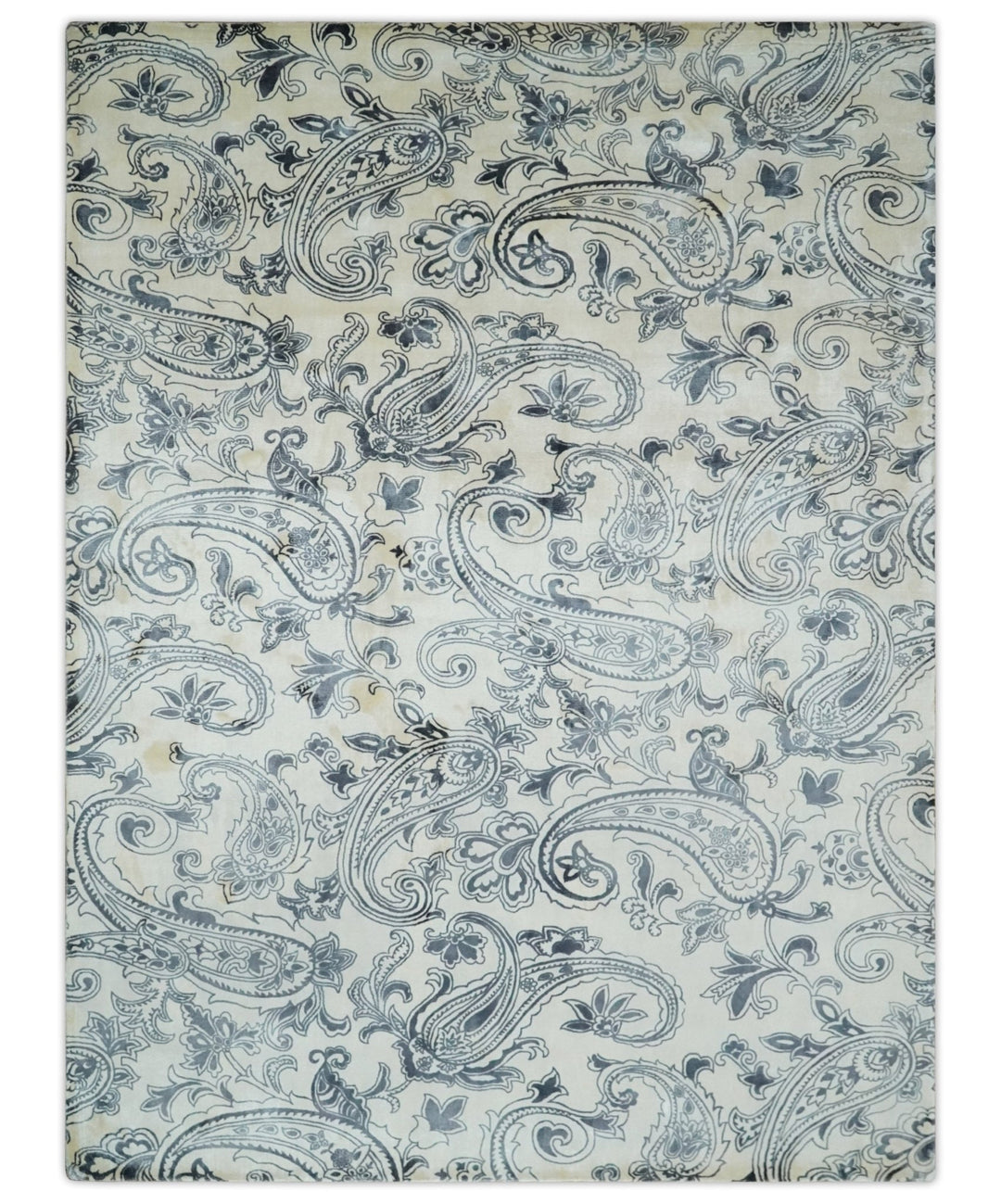 Premium Style Ivory and Charcoal Hand loom 5.6x8 Boteh Design Viscose Area Rug - The Rug Decor