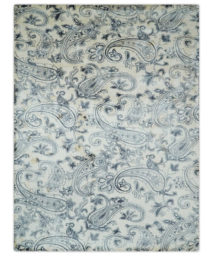 Premium Style Ivory and Charcoal Hand loom 5.6x8 Boteh Design Viscose Area Rug - The Rug Decor