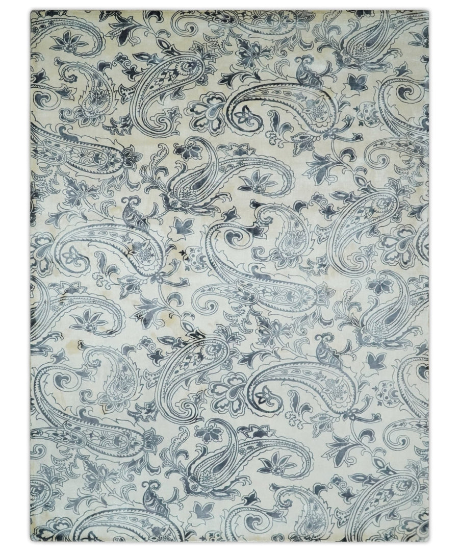 Premium Style Ivory and Charcoal Hand loom 5.6x8 Boteh Design Viscose Area Rug - The Rug Decor