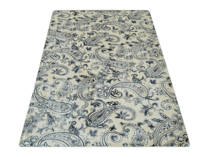 Premium Style Ivory and Charcoal Hand loom 5.6x8 Boteh Design Viscose Area Rug - The Rug Decor