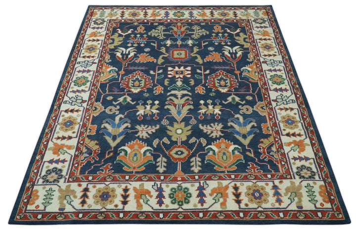 Premium Style Vibrant Colorful Blue, Ivory, Rust and Orange Traditional Hand Knotted Oriental Oushak Multi Size wool Area Rug - The Rug Decor
