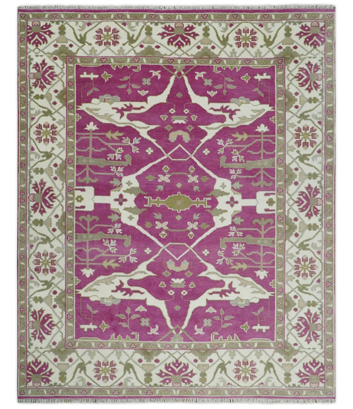 Purple, Ivory and Olive Traditional Hand knotted Oriental Oushak 9x12 wool Area Rug - The Rug Decor