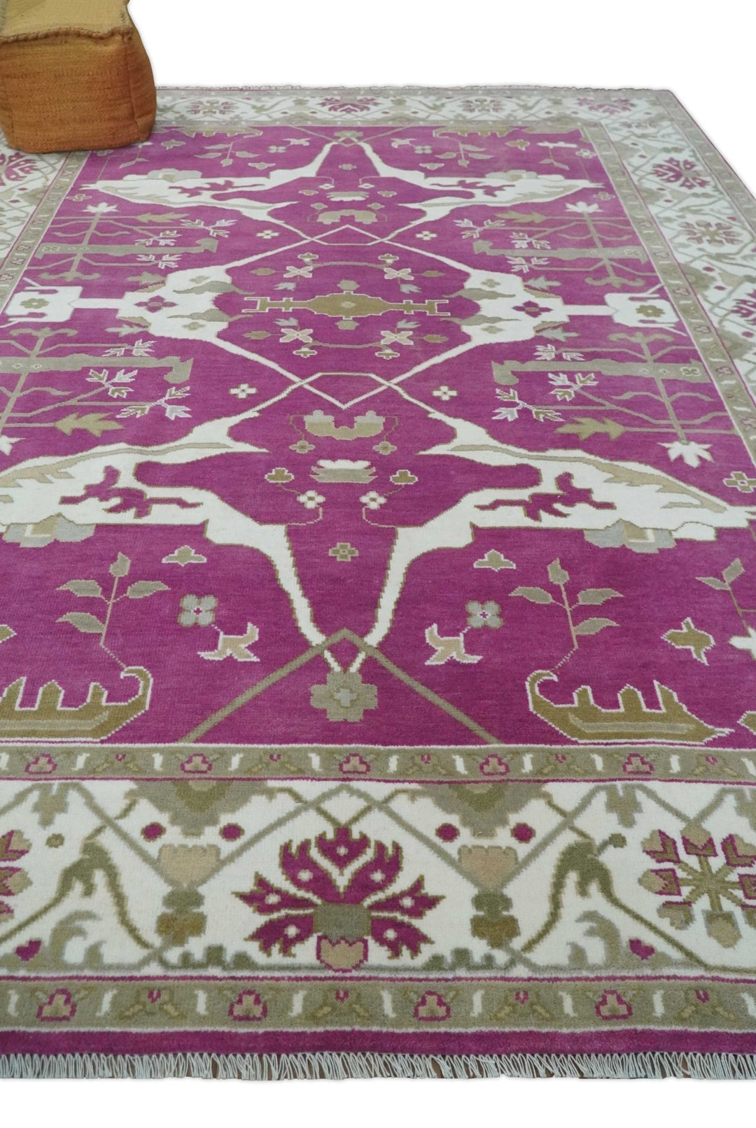 Purple, Ivory and Olive Traditional Hand knotted Oriental Oushak 9x12 wool Area Rug - The Rug Decor