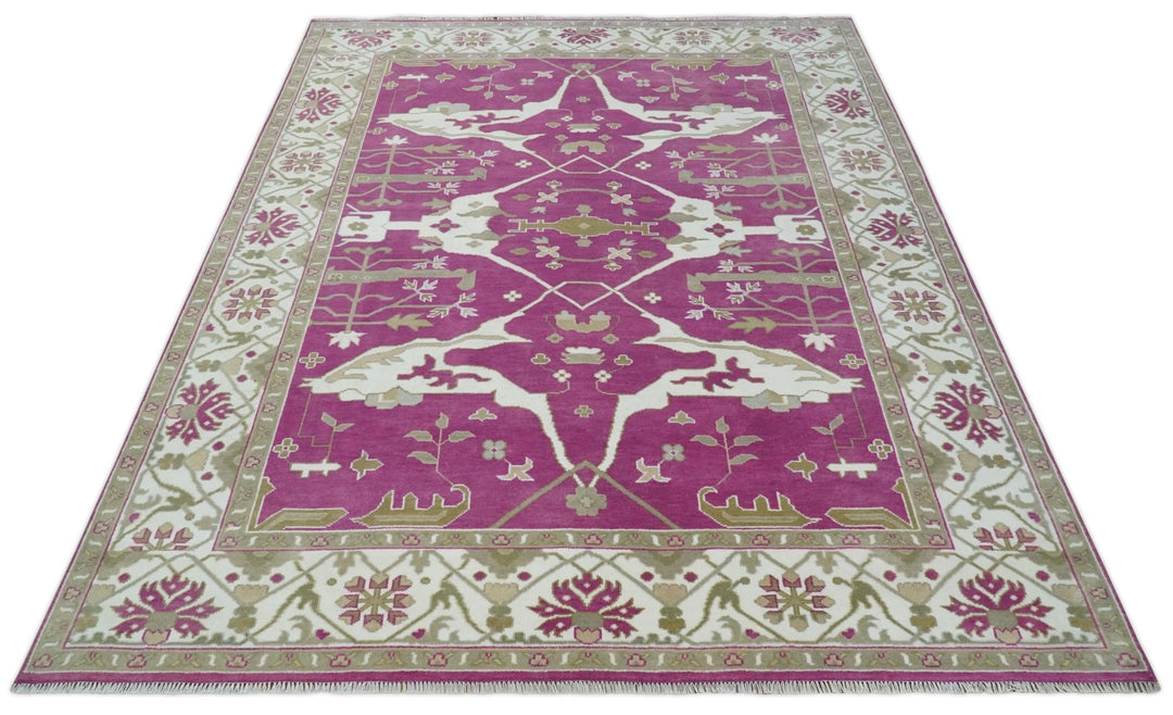 Purple, Ivory and Olive Traditional Hand knotted Oriental Oushak 9x12 wool Area Rug - The Rug Decor
