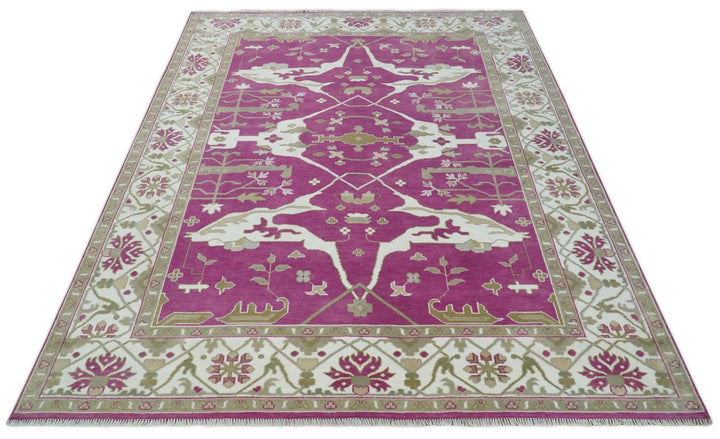 Purple, Ivory and Olive Traditional Hand knotted Oriental Oushak 9x12 wool Area Rug - The Rug Decor