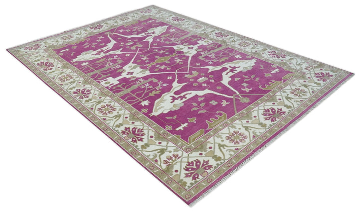 Purple, Ivory and Olive Traditional Hand knotted Oriental Oushak 9x12 wool Area Rug - The Rug Decor