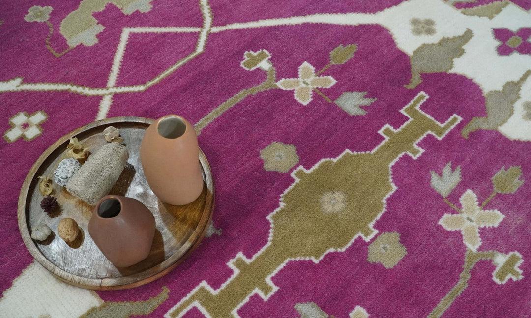 Purple, Ivory and Olive Traditional Hand knotted Oriental Oushak 9x12 wool Area Rug - The Rug Decor