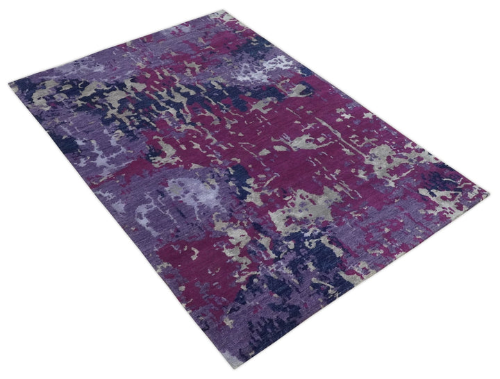 Purple, Violet, Gray and Blue Hand Knotted 4x6 Abstract Wool and Viscose Area Rug - The Rug Decor