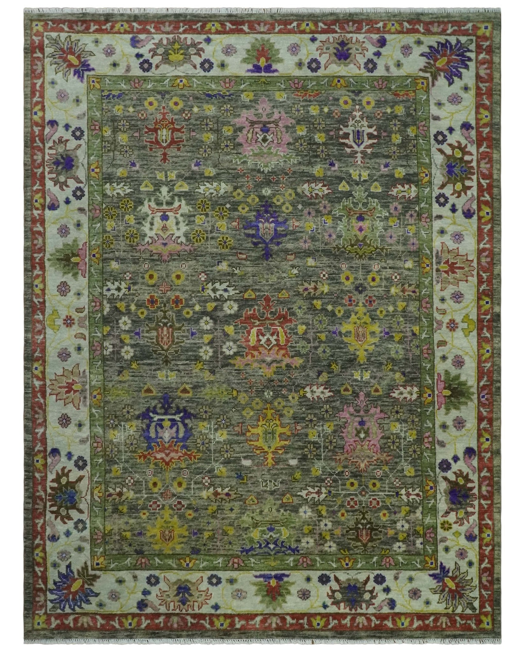 Ready 9x12 Traditional Moss Green and Silver Hand knotted Oushak Wool Area Rug - The Rug Decor
