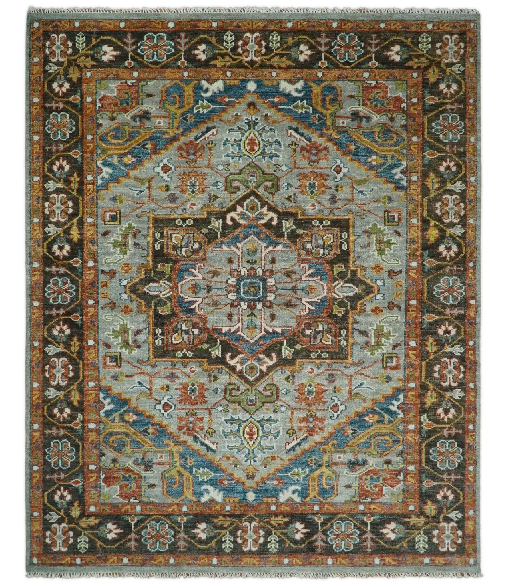 Multi Size Blue and Brown Traditional Heriz Serapi Hand Knotted Rug