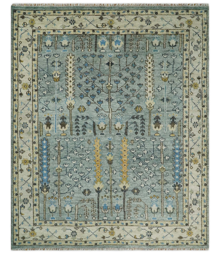 Ready to Ship 8x10, 9x12 Aqua and Ivory Tree Design Hand Knotted Wool Area Rug - The Rug Decor