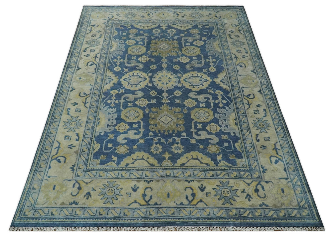 Ready to Ship 9x12 Hand Knotted Blue and Beige Traditional Oushak Wool Rug - The Rug Decor